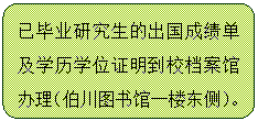 流程图: 可选过程: 已毕业研究生的出国成绩单及学历学位证明到校档案馆办理（伯川图书馆一楼东侧）。